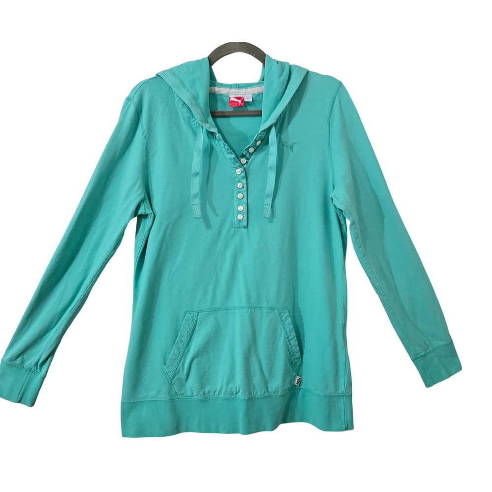 Puma Womens Sportlifestyle Mint Green Henley Hoodie Pullover Sz L Aqua Long‎ Slv